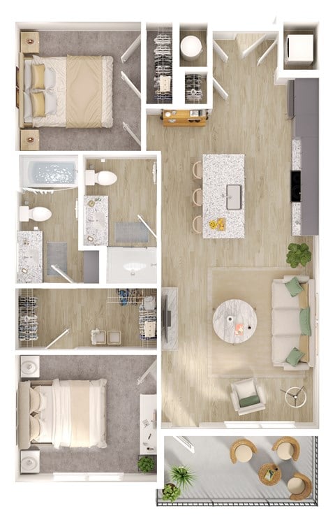 Floor plan for 2 beds, 2 baths, 951 sqft